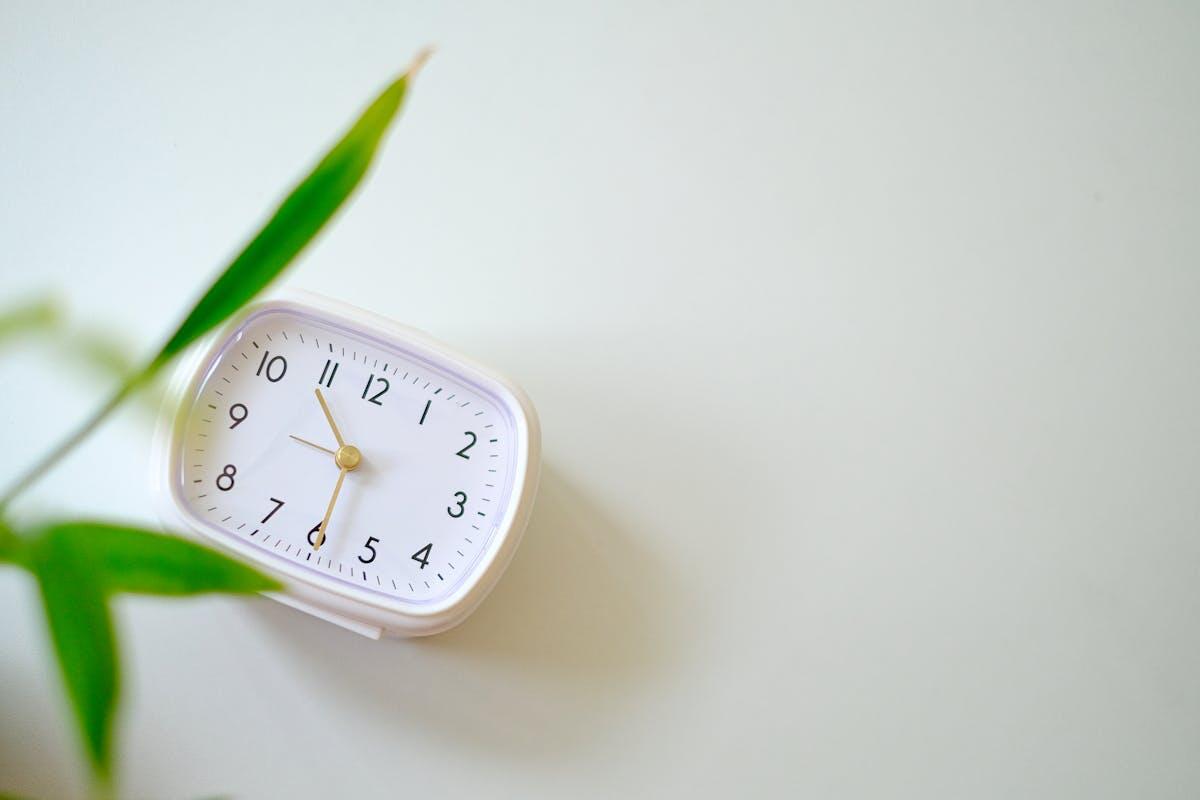A small minimalist analogue clock beside a green plant on a calm cream background, suggesting the rhythm of regular massage